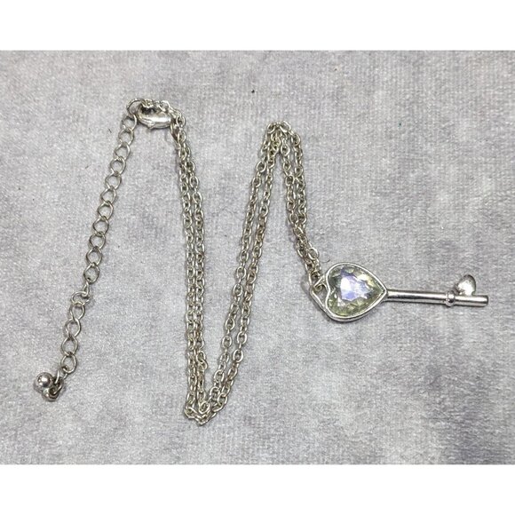 Fantasy Steampunk Heart Gemmed Key Silver Tone Pendant Necklace - Picture 6 of 6